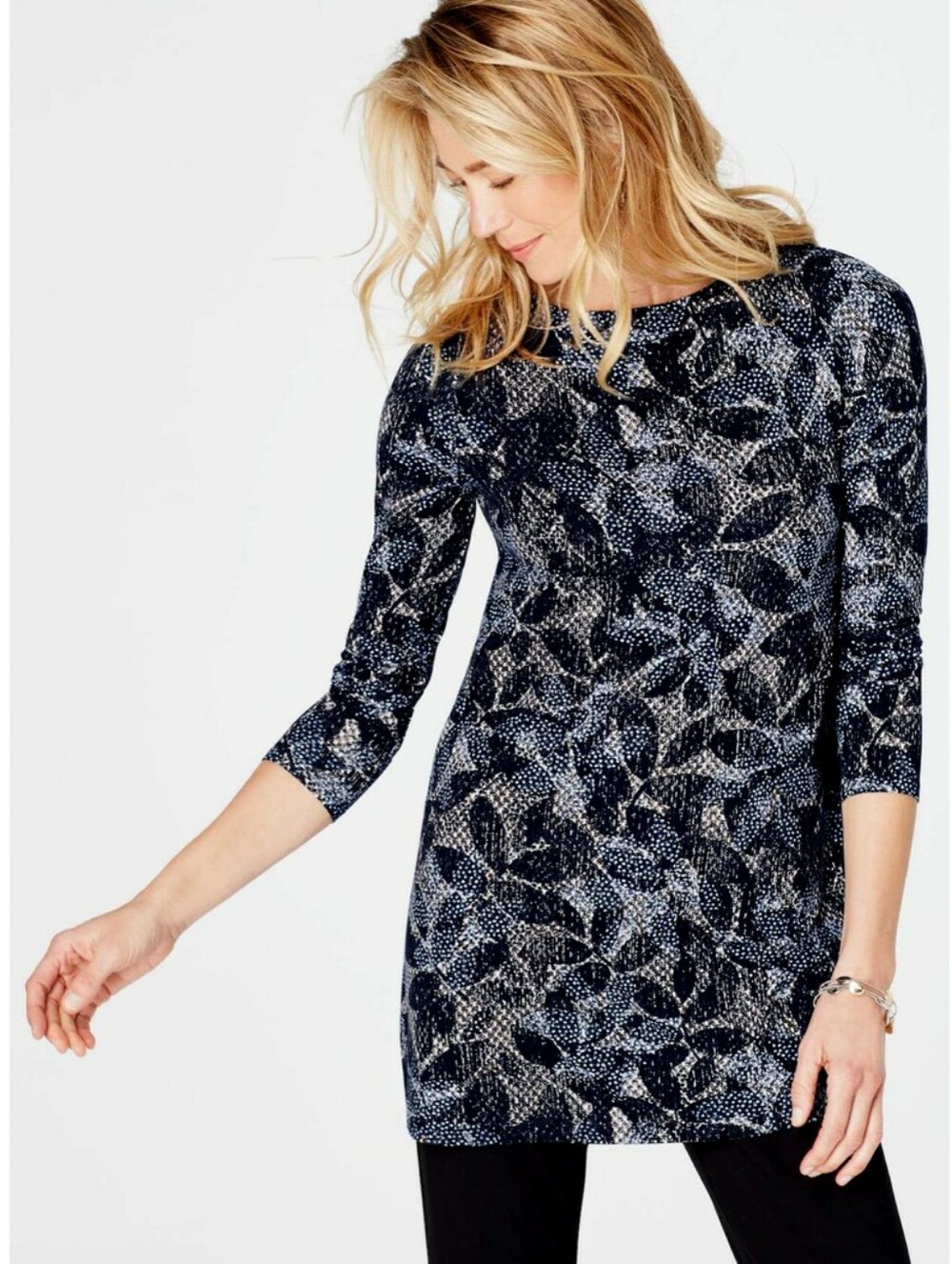 J. Jill Gorgeous Wearever Pleated-Back Tunic Blue Black Leaf Print Medium